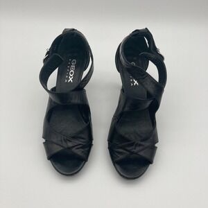 Geox Respira Black Leather Platform Sandals Made in Italy Criss-Cross Heel 38.5